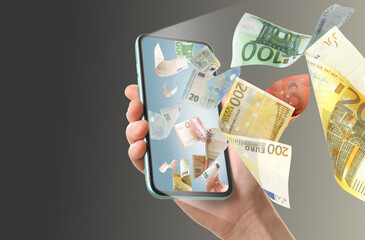 Online wallet. Woman using mobile phone on dark background, closeup. Euro banknotes flying from device screen