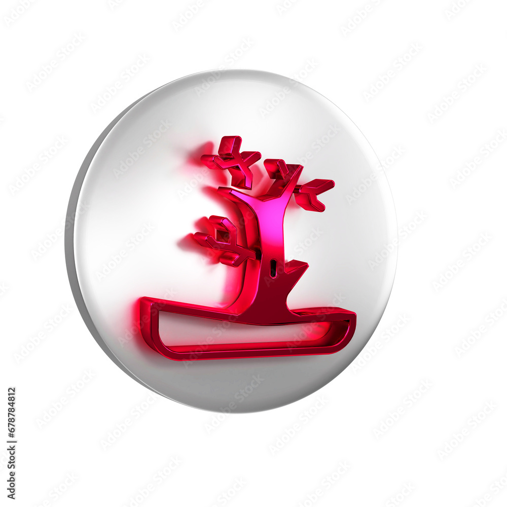 Poster red bare tree icon isolated on transparent background. silver circle button.