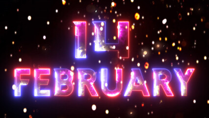 Glowing neon text icon 14 February with golden glowing particle animated video