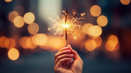 A hand holding a lit sparkler, bursting against a dark bokeh backdrop in the night, creating a vintage and dark-toned atmosphere for a celebration event or party. - obrazy, fototapety, plakaty