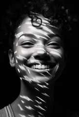 The woman's face is taken in close-up, and the eyebrows are depicted in the style of playful expressions, emotions, surprise, admiration, funny grimace. Black and white graphics - obrazy, fototapety, plakaty