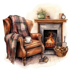 Interior design in Grandpa Chic style, maximalism in a cozy wooden country house, vintage retro eclectic style, Armchair near the fireplace with a checkered blanket, in a watercolor style