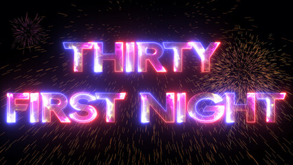 Glowing neon text icon thirty first night with particle explosion background
