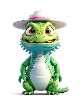 3d rendered illustration of crocodile cartoon character with hat and white background
