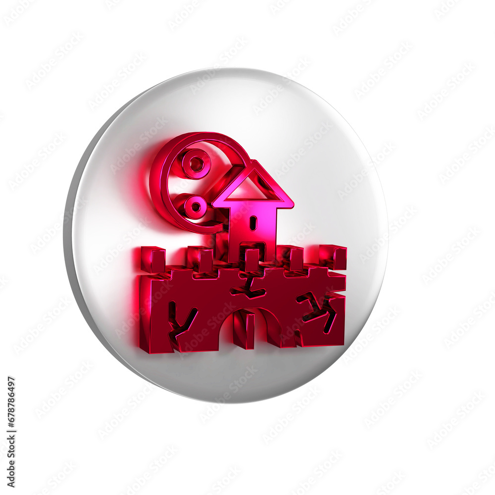 Poster red castle icon isolated on transparent background. medieval fortress with a tower. protection from 
