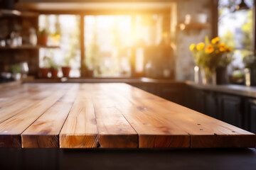Wooden table in modern kitchen closeup space for selective focus text. mock up