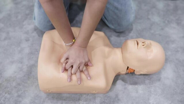 CPR first aid training with a resuscitation dummy is designed to provide accurate training in basic life support skills.
