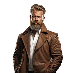 A сourageous, white middle-aged man with a short haircut, well-groomed mustache and beard, white shirt, and brown leather trench coat standing with hands in pockets isolated on a white background. - obrazy, fototapety, plakaty