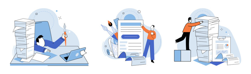 Paperwork. Vector illustration. Documents need to be filed in appropriate folders Managing paperwork efficiently is essential for successful career Juggling multiple tasks, including paperwork - obrazy, fototapety, plakaty