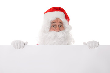 Fototapeta na wymiar Man in Santa Claus costume posing on white background