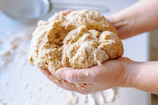 Female hands kneading dough