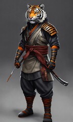 Kung fu master tiger with a sword in his hands. 3d illustration
