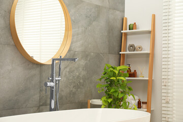 Spa day. Stylish bathroom interior with ceramic tub mirror and green houseplant