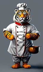 Chef with a pot of food and a tiger on a gray background
