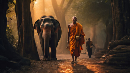 A Thai monk is walking with an elephant - obrazy, fototapety, plakaty