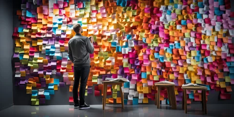 Foto op Canvas human and cute artificial intelligence putting colorful sticky notes on the wall generative ai © Suralai