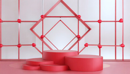 Fototapeta na wymiar abstract minimal geometric forms. Glossy red podium for your design.