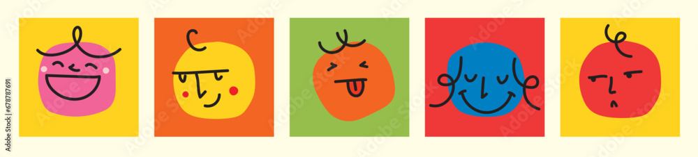 Poster abstract comic faces with various emotions. crayon drawing style. different colorful characters in c