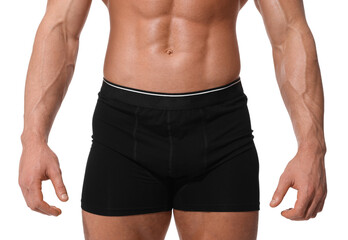 Young man is stylish black underwear on white background, closeup