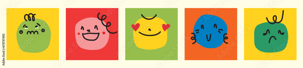 Poster abstract comic faces with various emotions. crayon drawing style. different colorful characters in c
