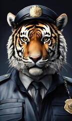 Wild tiger in a police uniform on a dark background. 3d rendering
