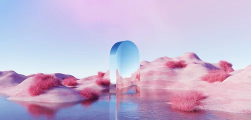Zelfklevend Fotobehang Purper 3d Render, Abstract Surreal pastel landscape background with arches and podium for showing product, panoramic view, Colorful dune scene with copy space, blue sky and cloudy, Minimalist decor design