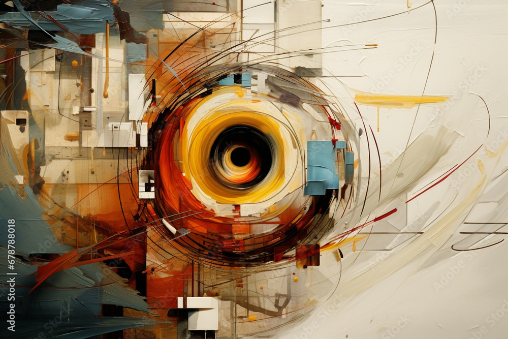 Poster A mixed-media artwork exploring the concept of an abstract lens, combining traditional painting techniques with digital elements for a multidimensional effect.