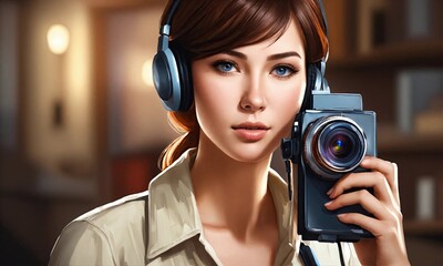 Portrait of young woman in headphones with camera on the background of the room
