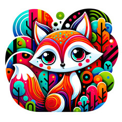 Logo of a whimsical and colorful design featuring a stylized fox in a vibrant, abstract forest.