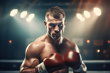 Strong caucasian boxer with red gloves on the ring
