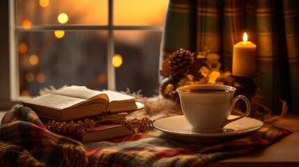 Hot cocoa drink or chocolate stand on the table near the window and books and a checkered blanket, cozy evening at home, twilight privacy, digital detox relaxation after work - obrazy, fototapety, plakaty