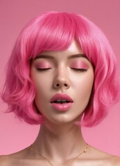 Portrait of beautiful young woman with pink hair on pink background.
