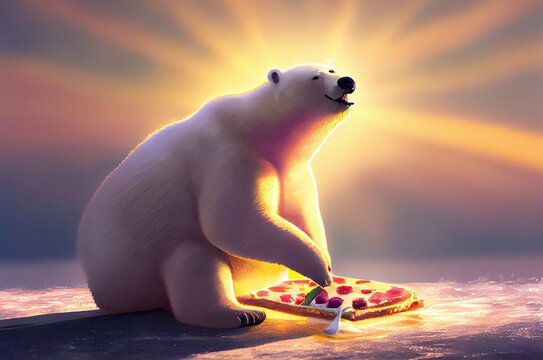 Hungry Polar Bear Enjoying a Pizza Slice in the Fast Food World Generative AI