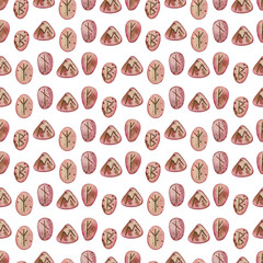 Seamless watercolor pattern. Runes and divination stones are drawn in pink and brown watercolors on a transparent background. Suitable for printing on fabric and paper, for design and scrapbooking.