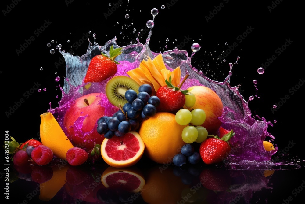 Poster a bunch of fruit is splashing out of the water on a black background with a splash of water on the t