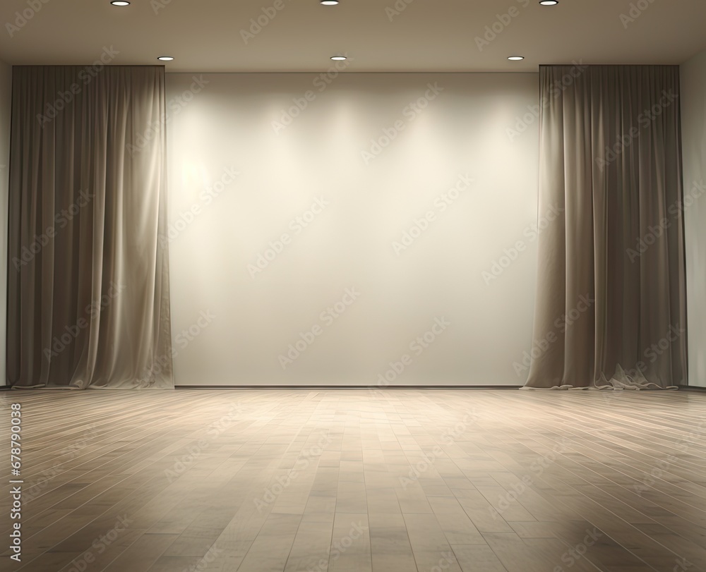Poster an empty room with a wooden floor and a large window with drapes on the side of the room and lights 