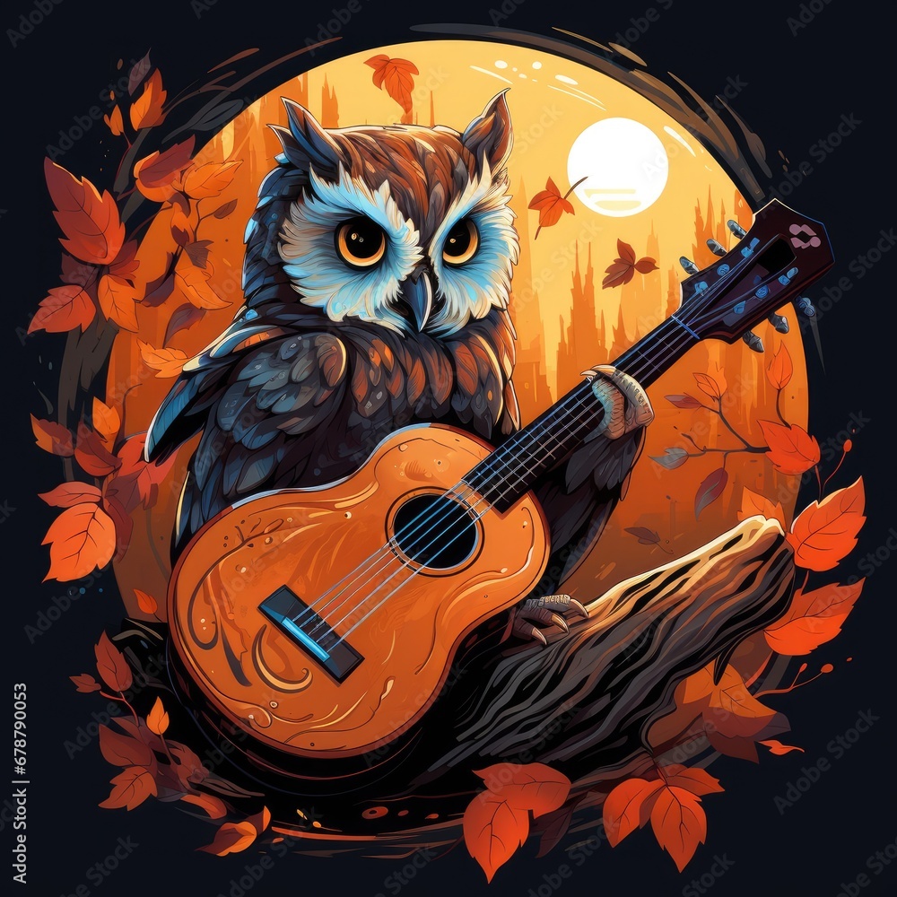 Poster an owl with a guitar sits on a tree branch in front of a full moon, with leaves and a tree branch in