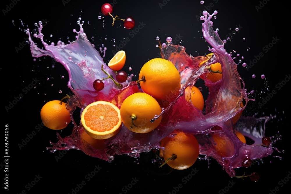 Poster a group of oranges with splashing water on them and a cherry on the top of one of the oranges and th