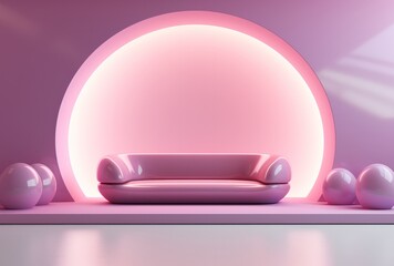 A Cozy Pink Living Space with a Comfortable Couch and an Ambient Round Light. A Pink living room with a couch and a round light. Minimalist Surrealism