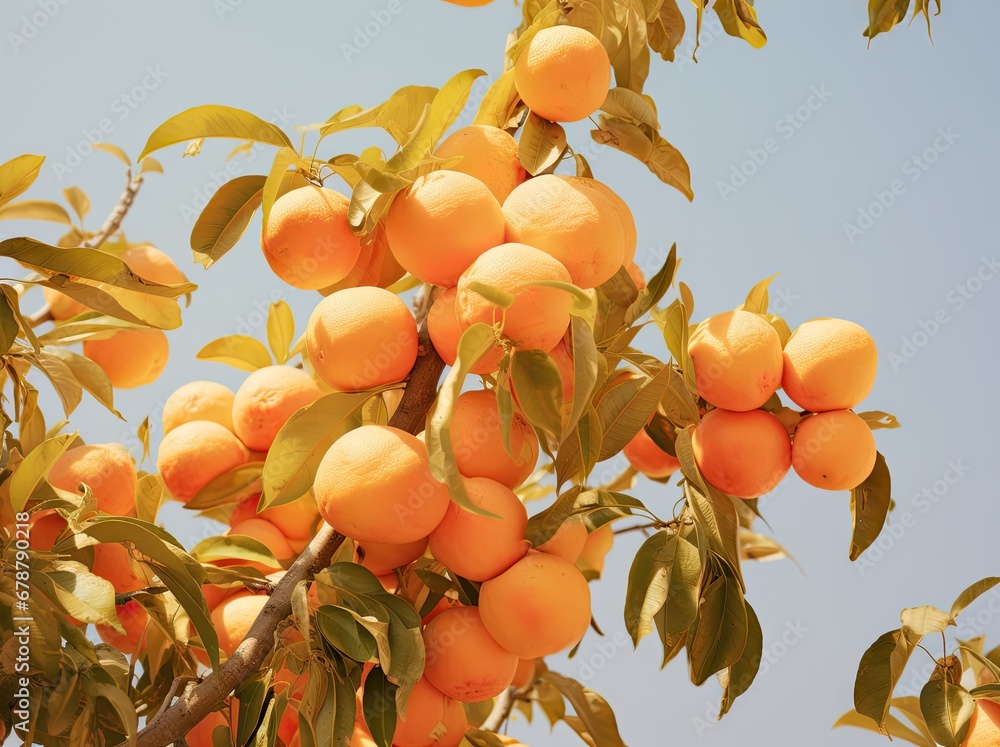 Poster a tree filled with lots of oranges on top of a blue sky filled with lots of oranges on top of a tree