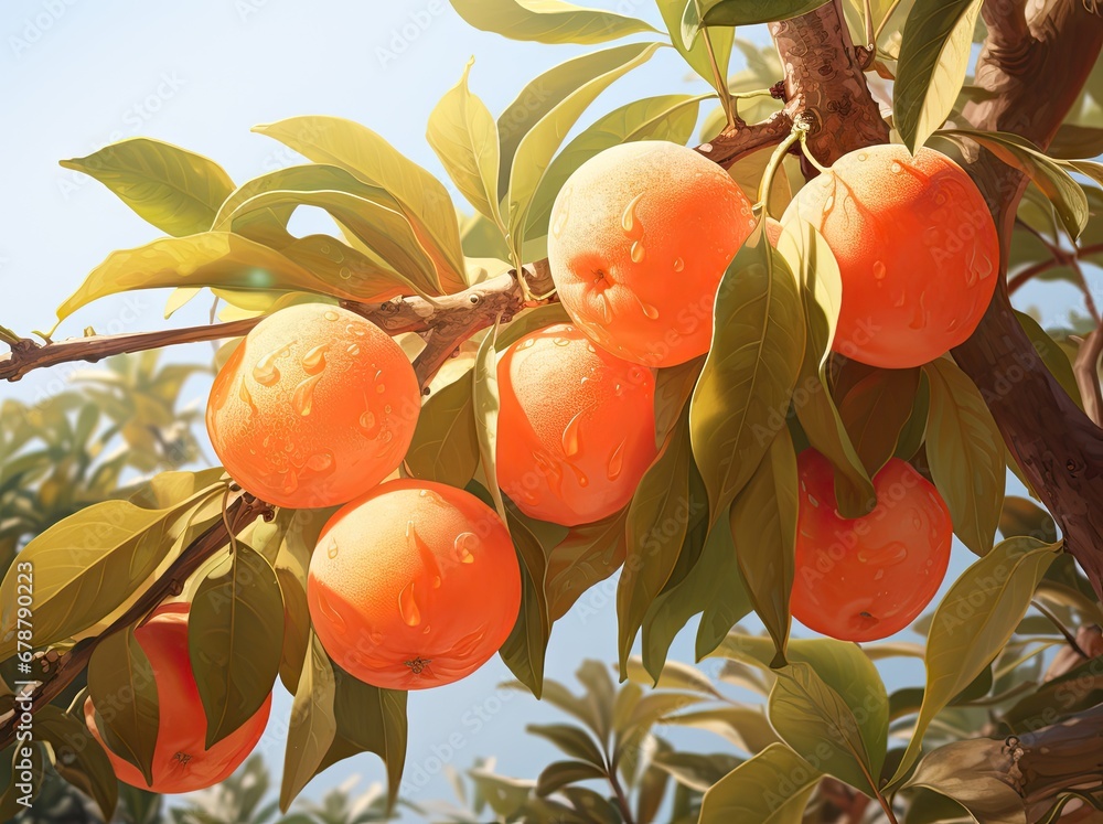 Poster a bunch of oranges hanging from a tree with water droplets on them and leaves in the foreground and 