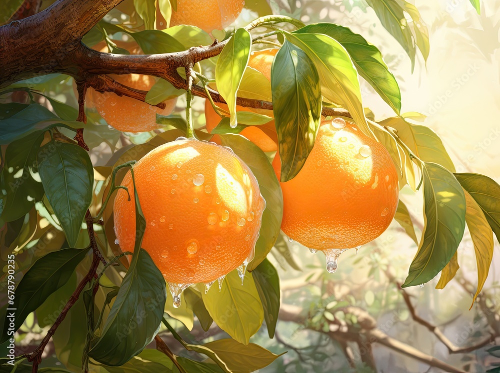 Poster a tree filled with lots of oranges hanging from it's branches with drops of water on the tops of the