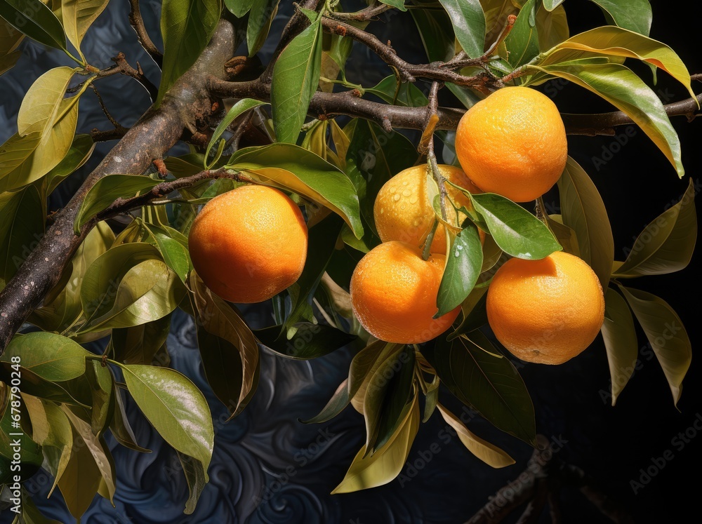 Poster a group of oranges hanging from a tree with leaves and water in the backgrounge of the tree, with a 