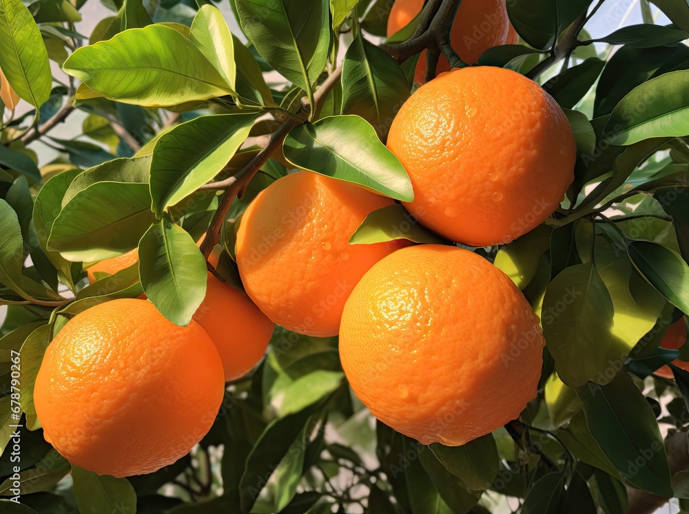 Poster a group of oranges hanging from a tree with lots of green leaves in the foreground and a light blue 