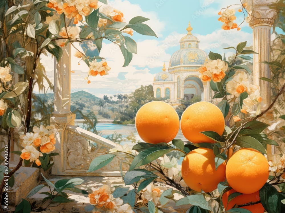 Poster a painting of oranges hanging from a tree in front of a building with a view of a lake and a buildin