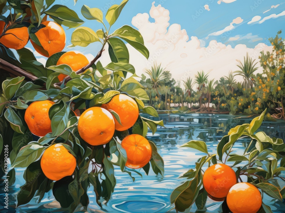 Poster a painting of a bunch of oranges hanging from a tree in front of a body of water with palm trees and