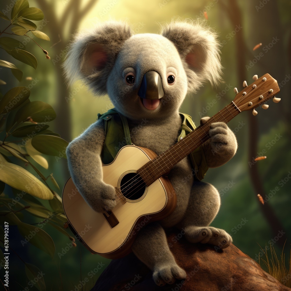 Poster a koala playing a guitar while sitting on a tree stump in a forest with a leafy tree in the foregrou