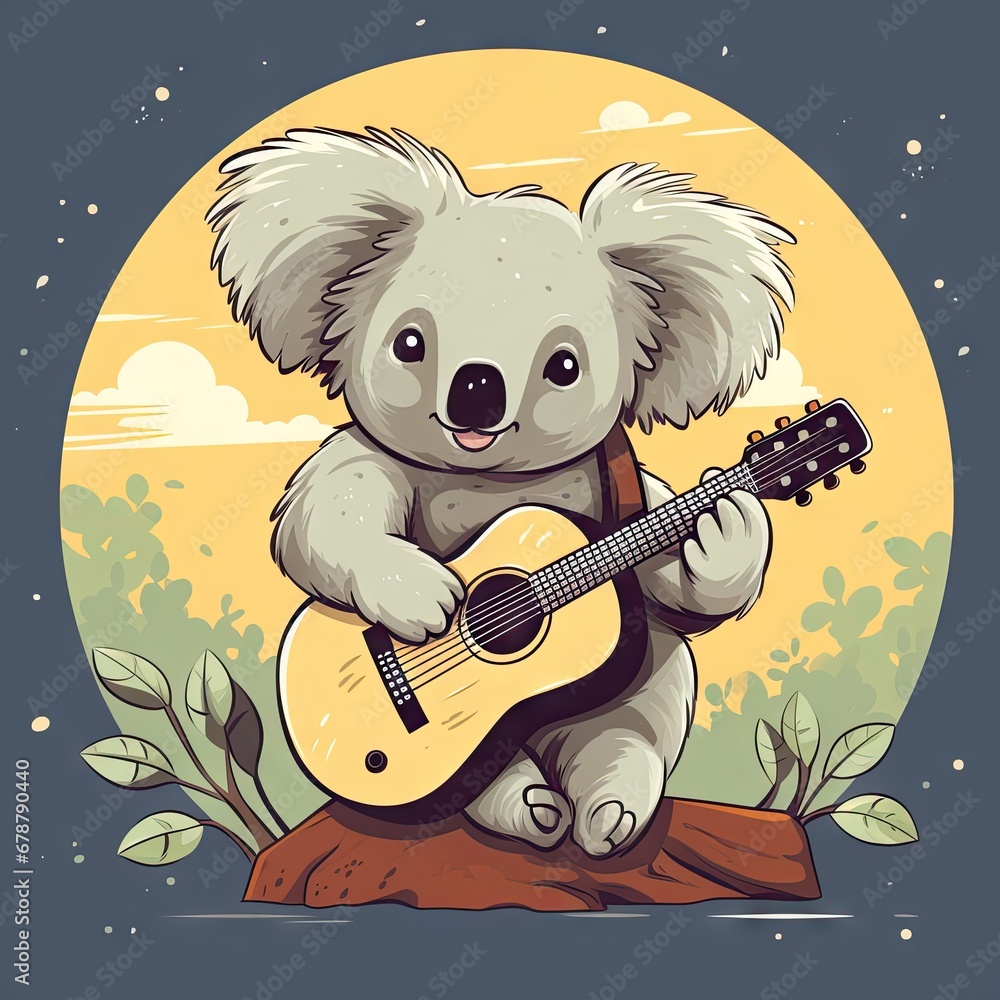 Canvas Prints  a koala bear playing a guitar while sitting on a tree stump in front of a full moon with a tree branch in the foreground and a full moon in the background.