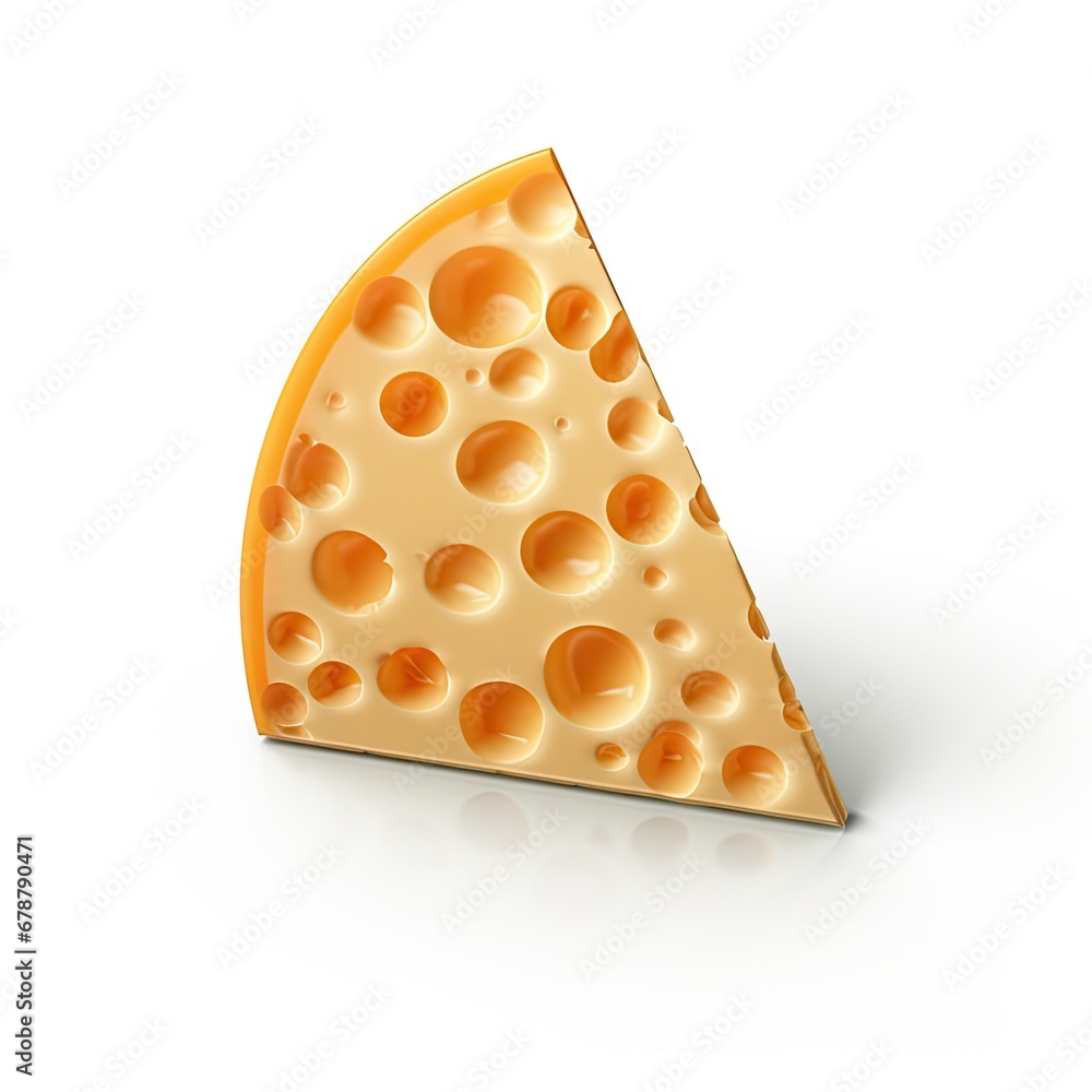 Aufkleber a piece of cheese with holes in it on a white surface with a reflection of a slice of cheese on the 