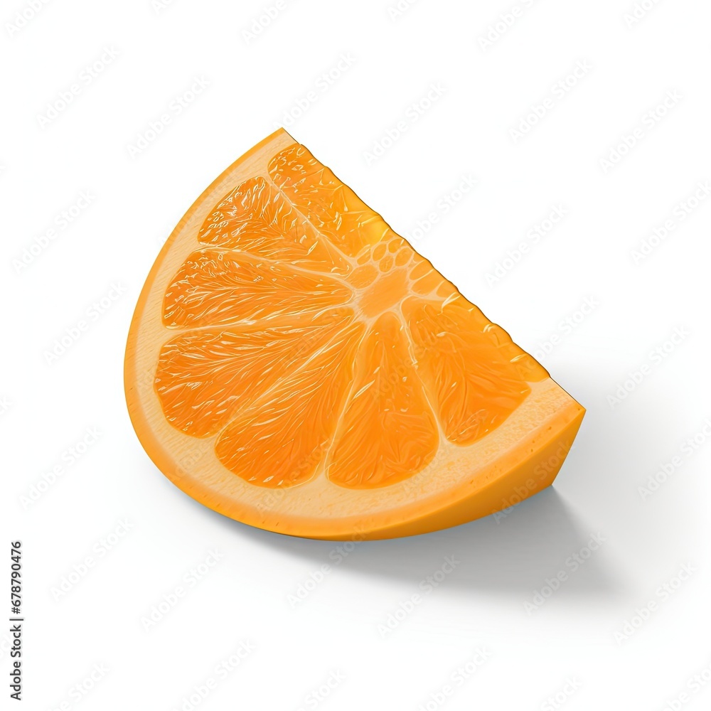Poster a slice of orange sitting on top of a white table next to a cut in half grapefruit on a white table 